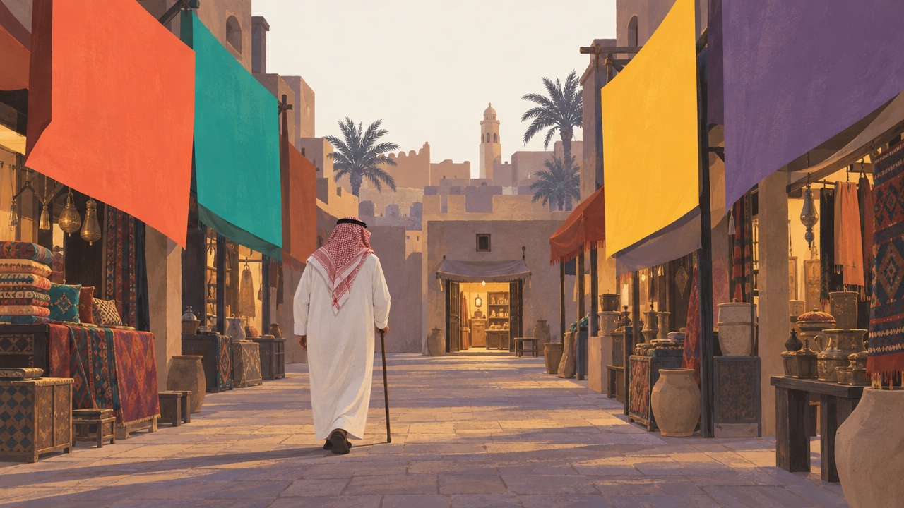 رجل سعودي بثوب وشماغ من ظهره، يمشي بعصاه في زقاق سوق قديم بين أعلام ملوّنة كبيرة، ويروح للدكان الصغير في آخر الزقاق.
