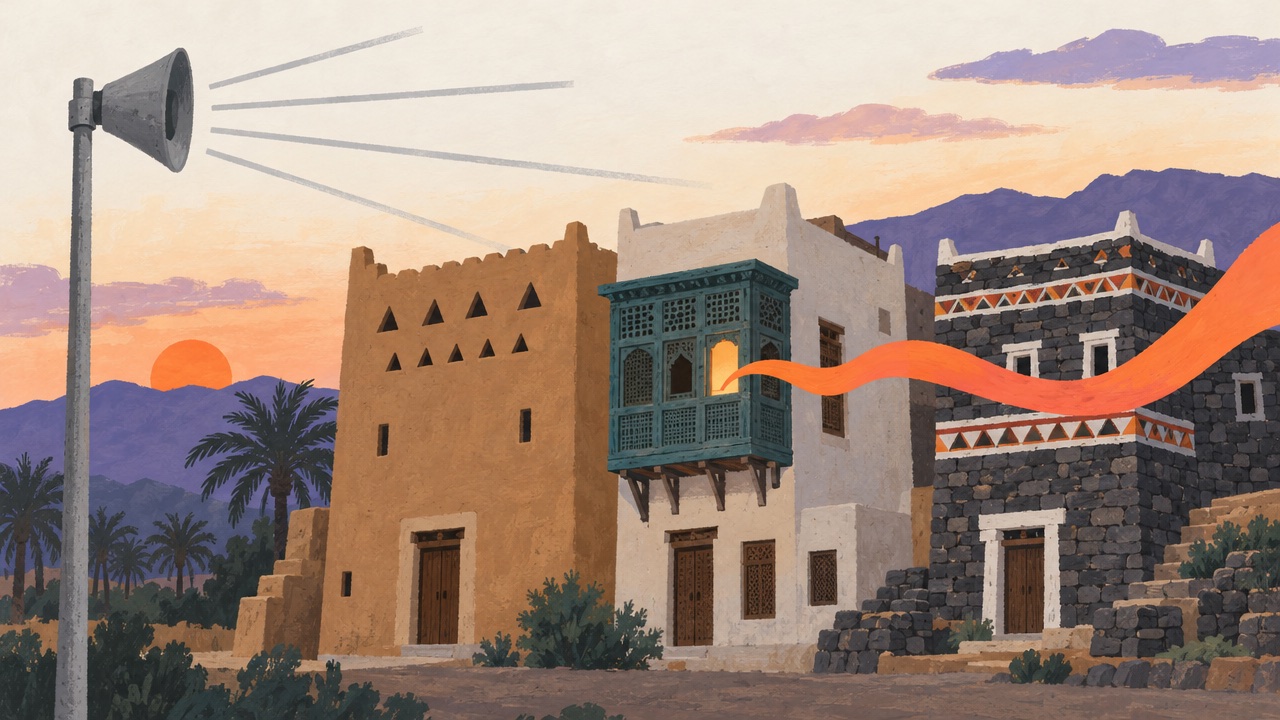 ثلاثة بيوت سعودية متجاورة من نجد والحجاز والجنوب، نافذة واحدة منها مضاءة يخرج منها شريط ملوّن كأنه صوت، وأمامها مكبّر صوت رمادي.